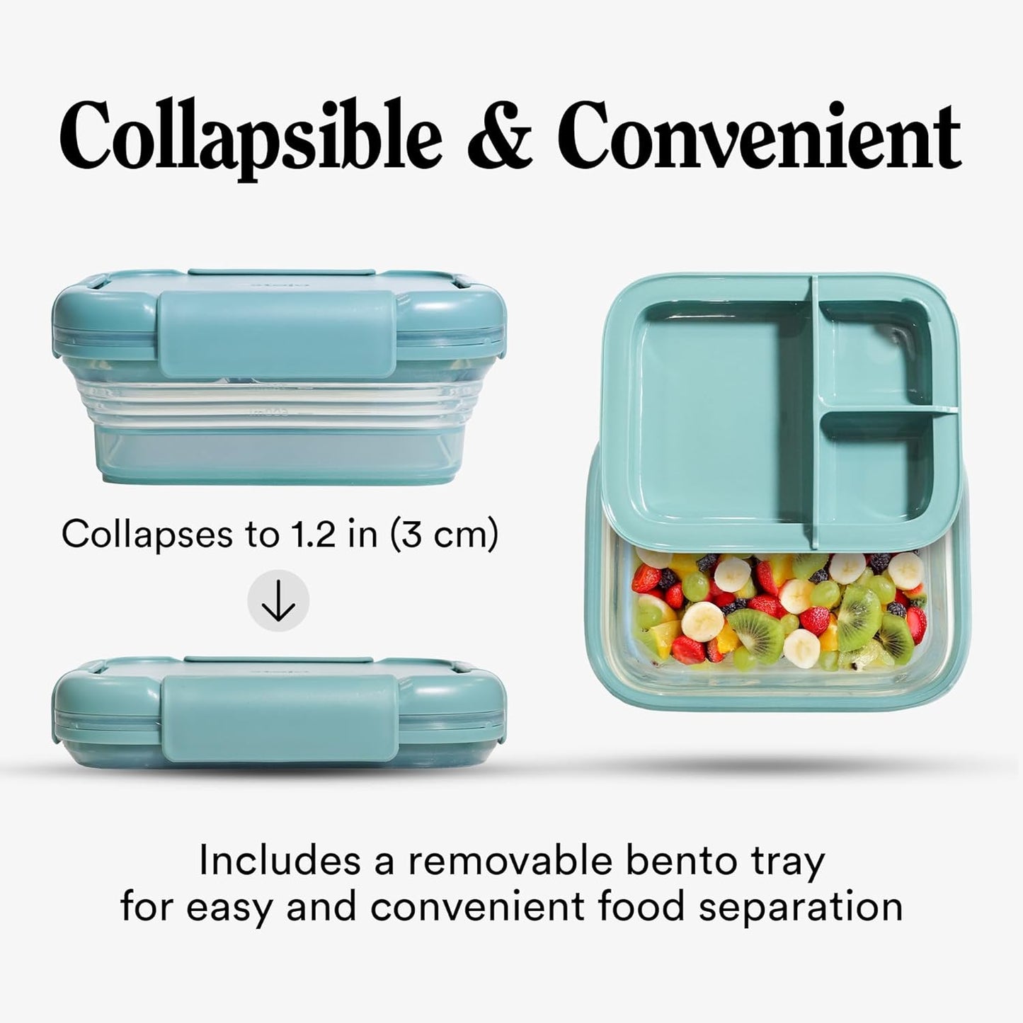 STOJO Collapsible Bento Box, Reusable, Leak-Proof, Microwave & Dishwasher Safe, Premium Lunch Container with Divider – Space-Saving, Transparent Design (Eucalyptus, 2.75-Cup/650mL)