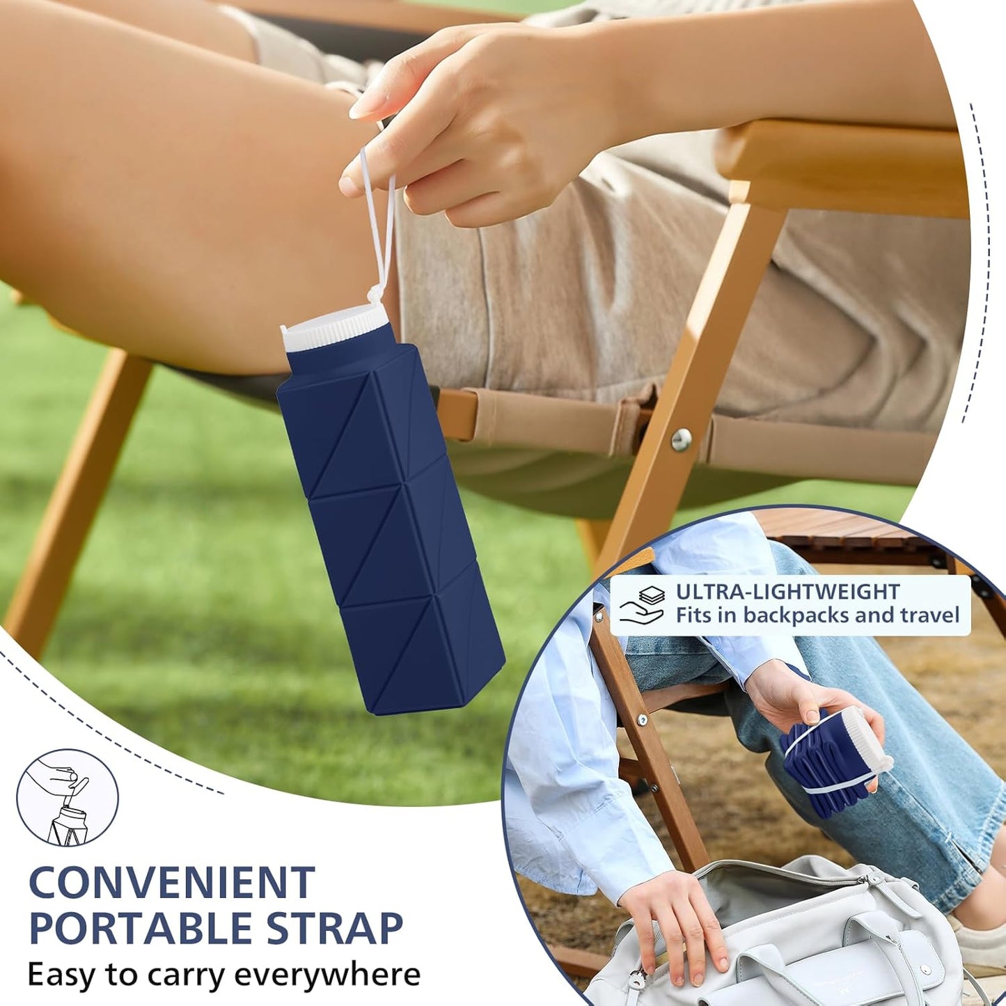 610ml Collapsible Water Bottles Upgrade Foldable Water Bottle BPA Free Reusable Lightweight LeakProof Silicone Water Bottles 20.6oz for Travel Hiking Office Camping Outdoor Sport Dark Blue