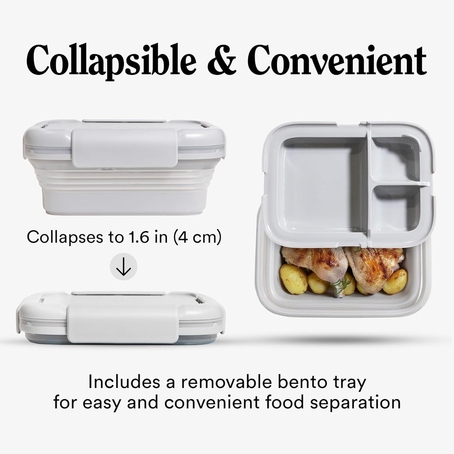 STOJO Collapsible Bento Box, Reusable, Leak-Proof, Microwave & Dishwasher Safe, Premium Lunch Container with Divider – Space-Saving, Transparent Design (Cashmere, 6-Cup/1.5L)