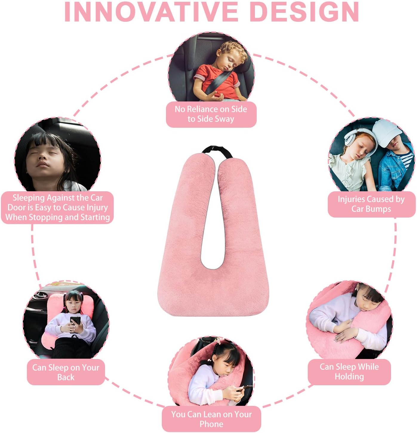 Travel Pillow, Travel Pillow for Kids, Sleeper Hold Pillow Travel, Removable U-Shaped Pillow for Adults and Children to Support Head and Body in The Back Seat of Long Car Trips (Pink and Gray)