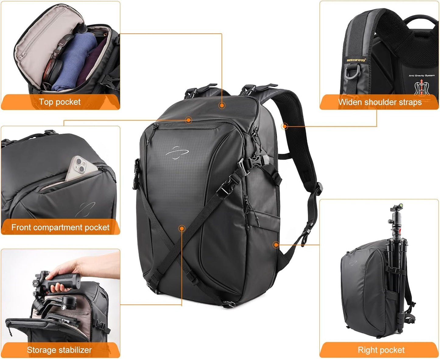 Besnfoto Camera Backpack for Photographer Expandable Waterproof Camera Bag for DSLR/SLR/Mirrorless/Drones Fit up to 16'' Laptop with Tripod Holder and Rain Cover