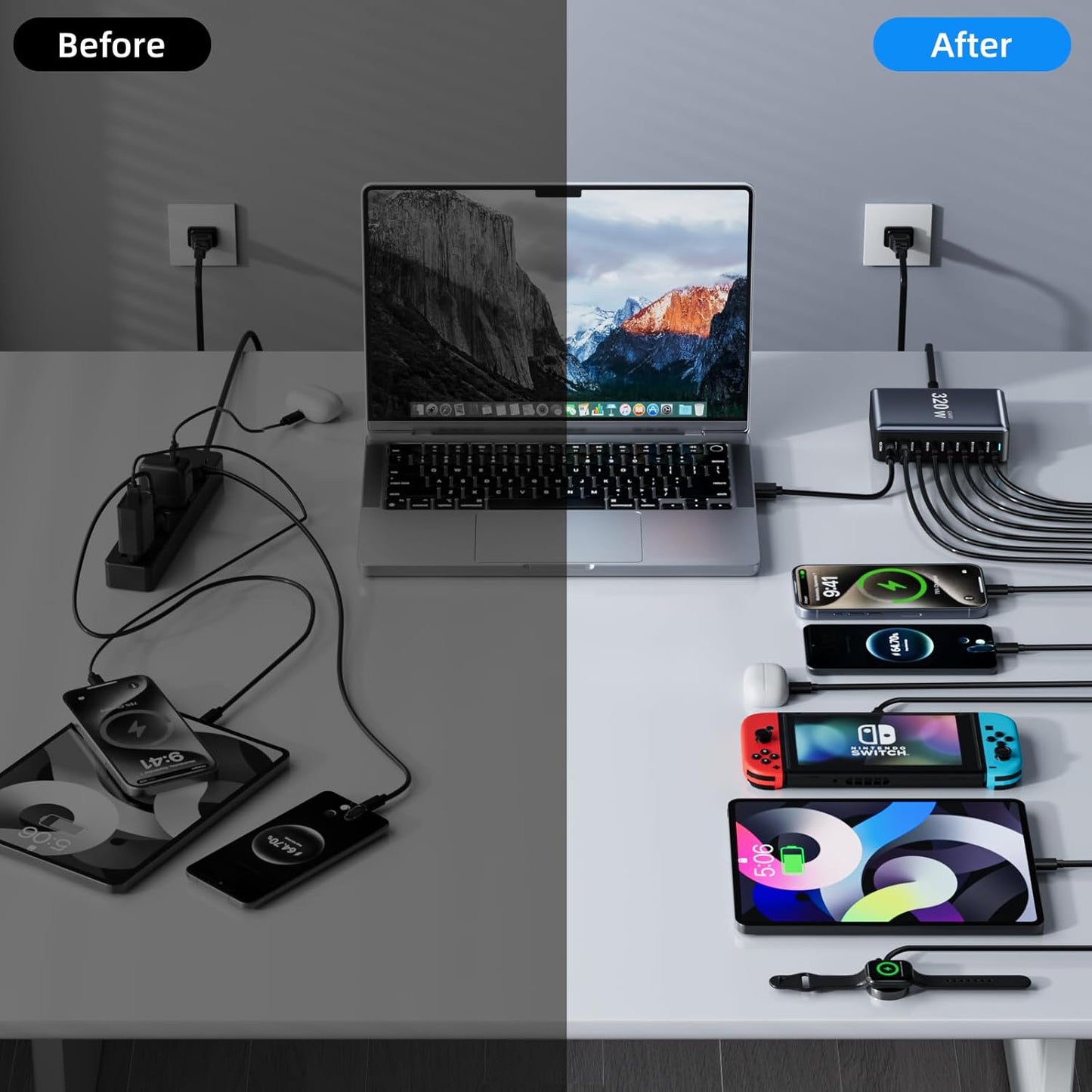 320W Fast Charging 8 Port USB C Charger Block, Multi-Device USB Charging Station Wall Desktop Charger with GaN Ⅲ Technology, USB-C Charger Adapter for MacBook/iPad/iPhone 16/Samsung Galaxy/DELL/HP