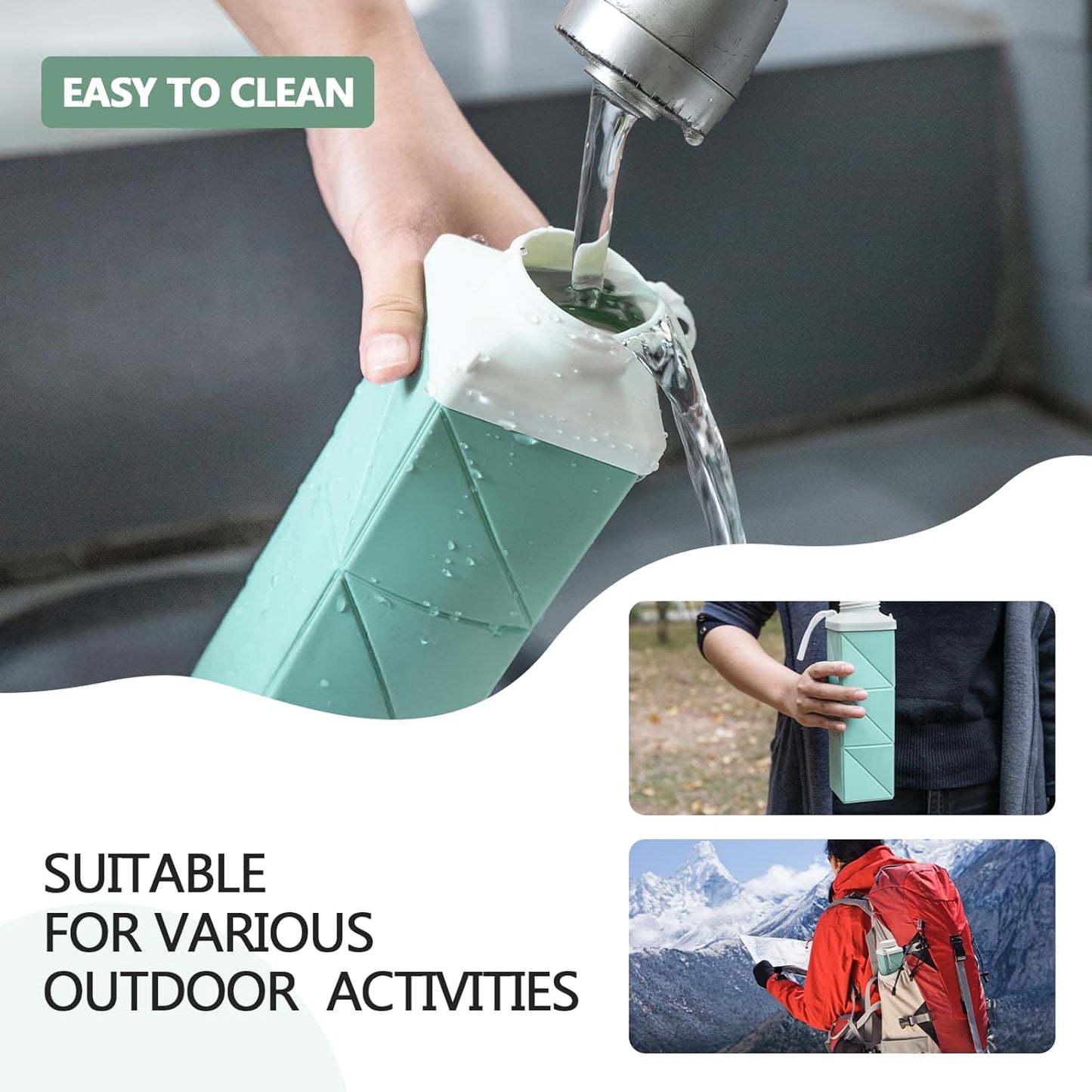 24oz Collapsible Water Bottles,Food grade BPA Free Reusable Foldable Water Bottle Lightweight LeakProof for Travel Hiking Camping Cycling Outdoor Sports,Collapses Folding Water Bottle,Green