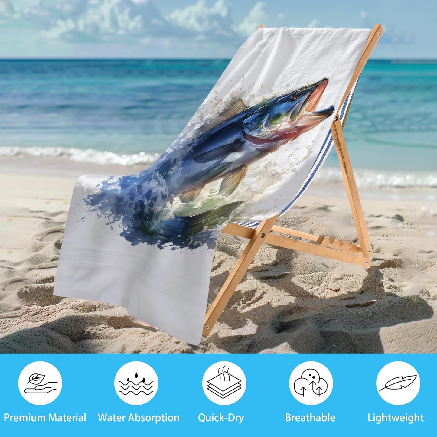 WZOMT Bass Fish Beach Towel Blanket Fishing Towels, Funny Bass Green White Microfiber Bath Towel for Adults Kids, Quick Dry Sandproof Towels for Swim Pool Travel Yoga, Oversized 32x52 Inch