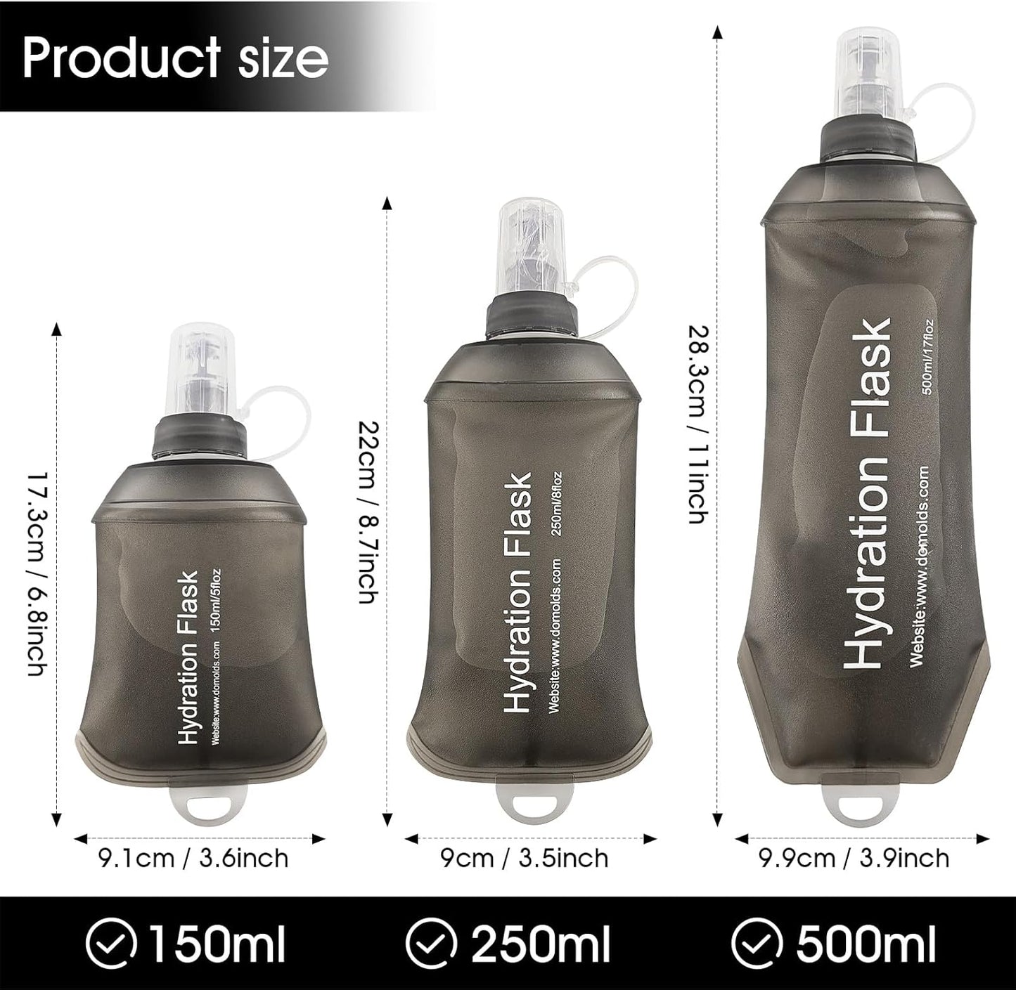 GYGYL Soft Flask, TPU Collapsible Soft Water Bottle for Hydration Pack, Running Vest, Leak-Proof Folding Water Bottle for Hiking Cycling Climbing Jogging-500ml Grey, 2pcs