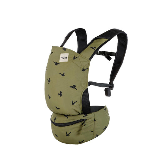 Baby Tula Lite Ripstop Nylon Compact Baby Carrier, Lightweight & Ergonomic Carrier for Travel w/Convenient Storage Hip Pouch, Multiple Carrying Positions for 12lbs to 30lbs - Soar (Olive Green/Birds)