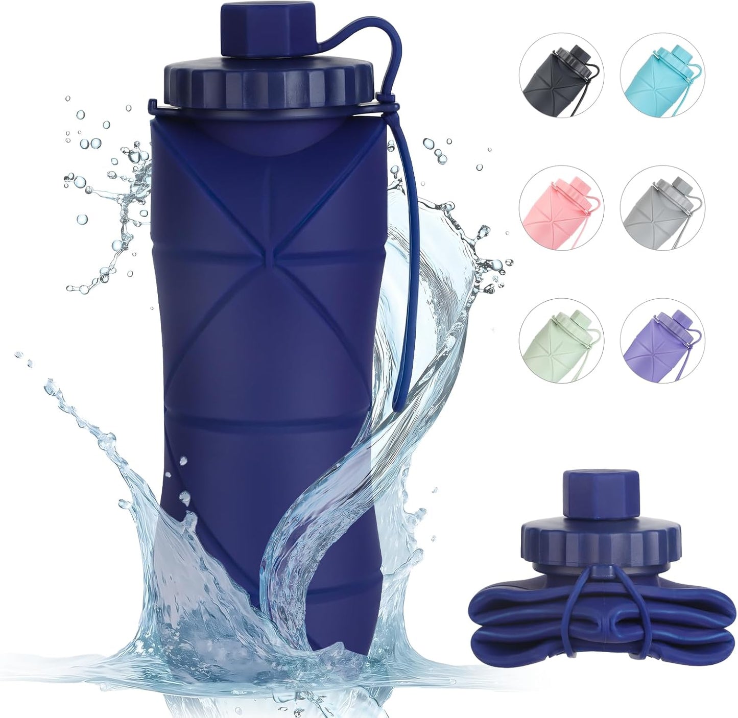 YCT Collapsible Silicone Travel Water Bottle 20oz (600ml), Reuseable Leakproof BPA Free Foldable Sports Bottle, with Carrying Strap, Dark Blue