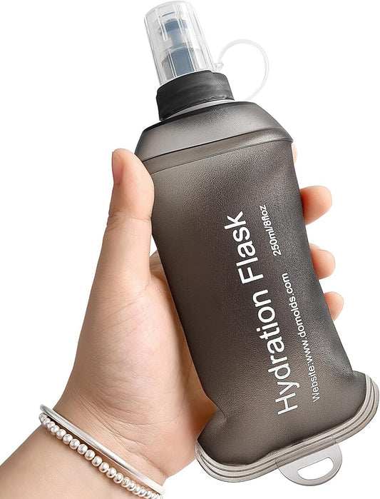 GYGYL Soft Flask, TPU Collapsible Soft Water Bottle for Hydration Pack, Running Vest, Leak-Proof Folding Water Bottle for Hiking Cycling Climbing Jogging-250ml Grey