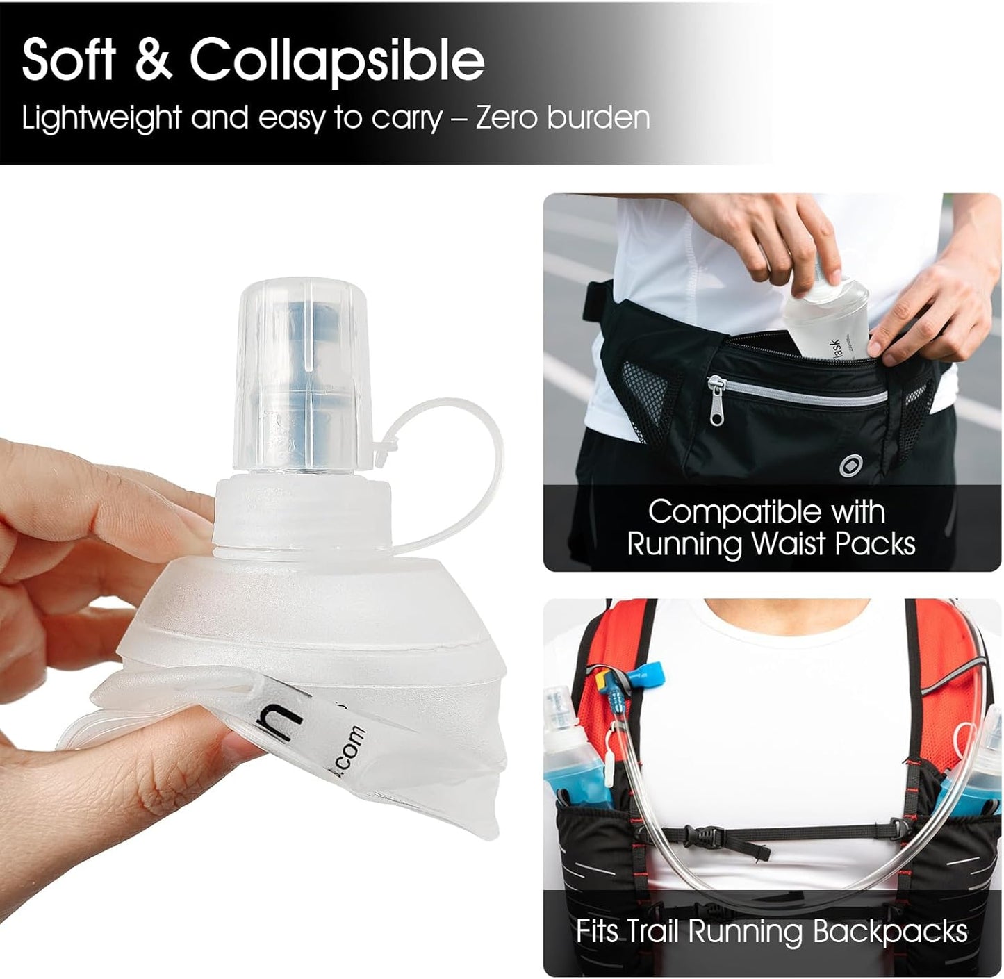 GYGYL Soft Flask, TPU Collapsible Soft Water Bottle for Hydration Pack, Running Vest, Leak-Proof Folding Water Bottle for Hiking Cycling Climbing Jogging-500ml White, 2pcs