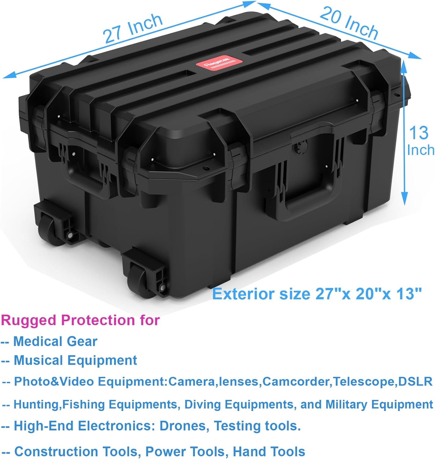 Waterproof Hard Case,27 x 20 x 13 Inch, Equipment Rolling Hard Case with Foam/Wheels/Retractable Handle for camera, Drone,tool, electronics,Shockproof, TSA Friendly, Inner 21.6"X 14.6"X10.2"
