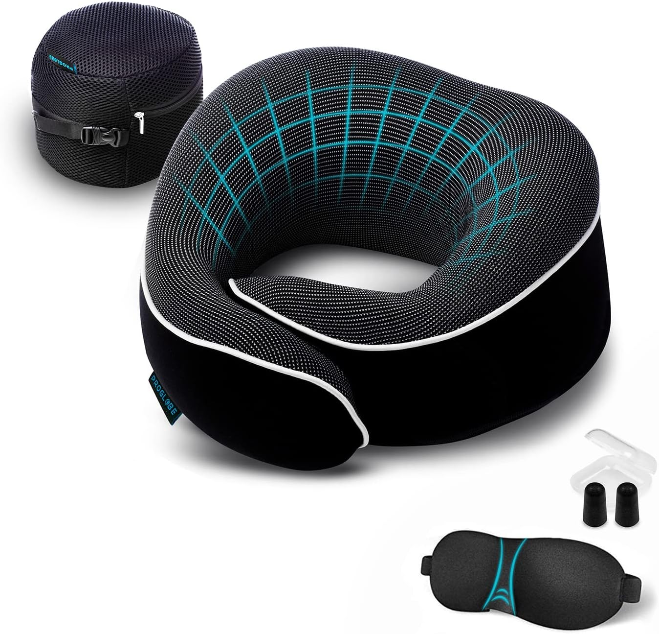 Orthopedic Neck Pillow, Travel Neck Pillows for Airplanes, Memory Foam Kit, 360° Head Support, Airplane Pillow Set with 3D Contoured Eye Masks, Earplugs, and Luxury Mesh Bag (Black)