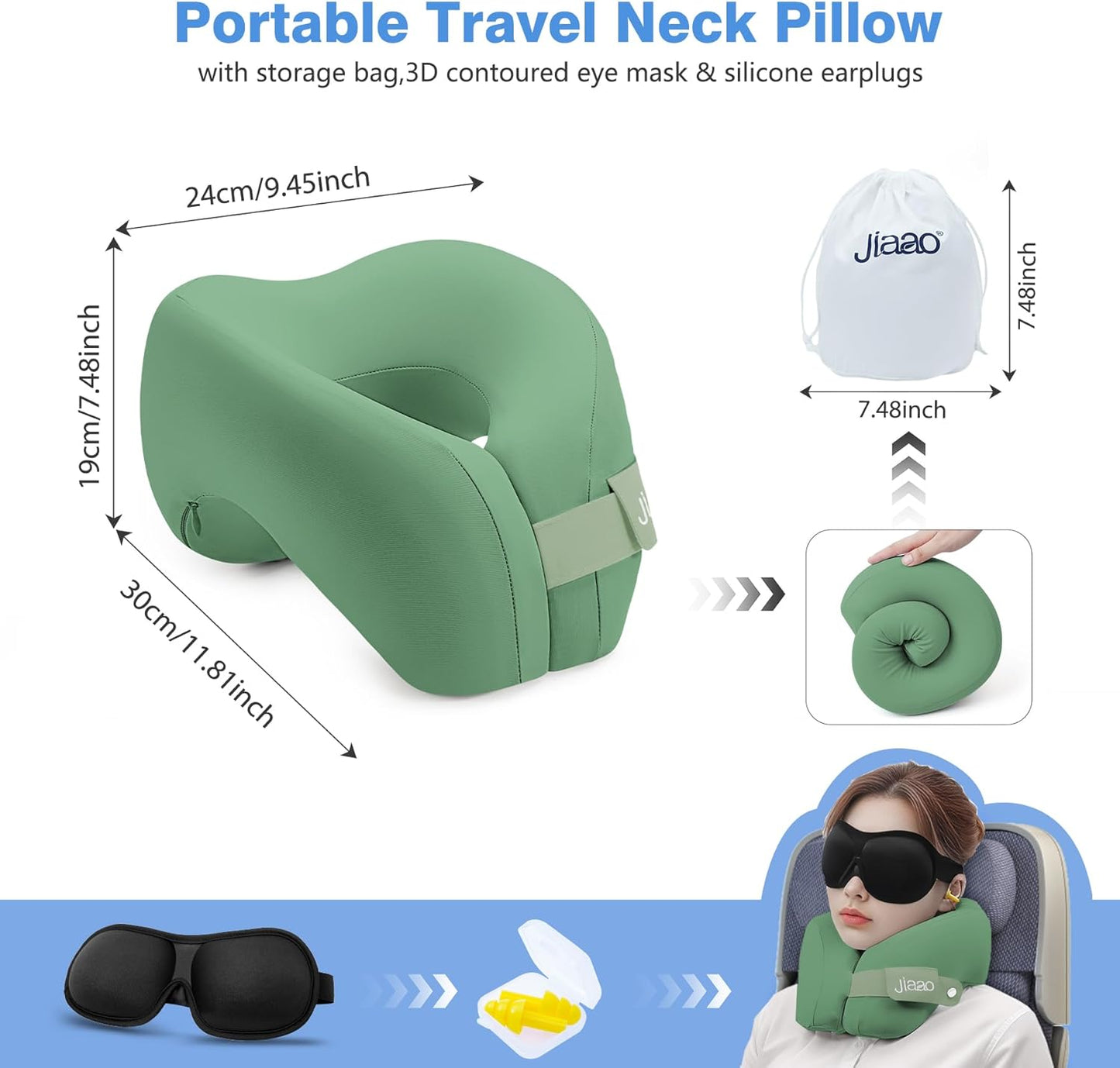 Travel Neck Pillow, Memory Foam Travel Pillow, Includes 3D Eye Masks, Earplugs, and Storage Bag, U-Shaped Napping Pillow for Airplanes, Cars, Trains, Home