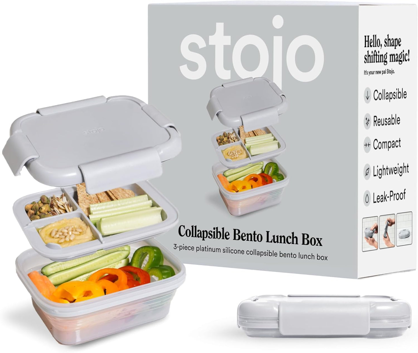 STOJO Collapsible Bento Box, Reusable, Leak-Proof, Microwave & Dishwasher Safe, Premium Lunch Container with Divider – Space-Saving, Transparent Design (Cashmere, 6-Cup/1.5L)