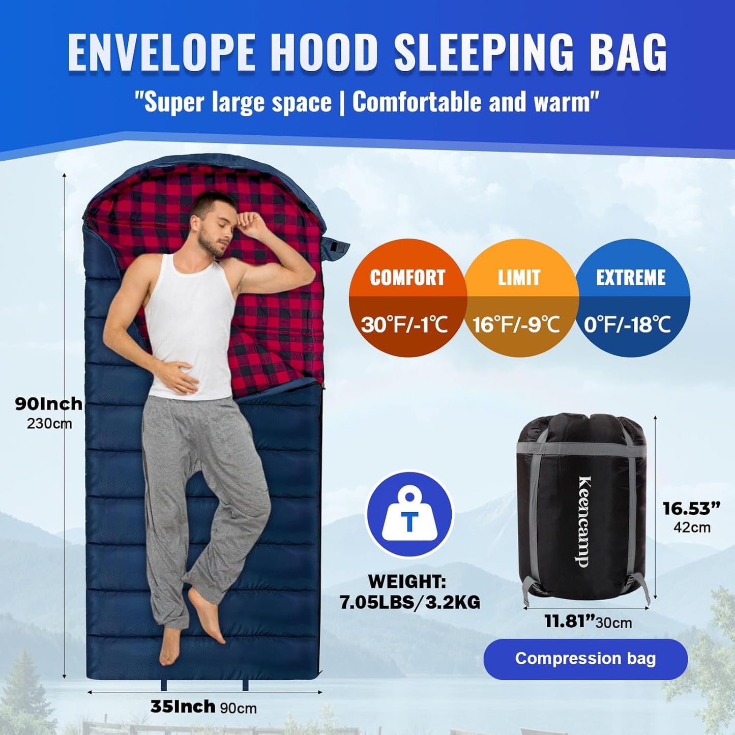 0 Degree Sleeping Bag Cotton Flannel Winter Cold Weather for Adults XXL Sleeping Bag 4 Season Big and Tall with Pillow Compression Sack