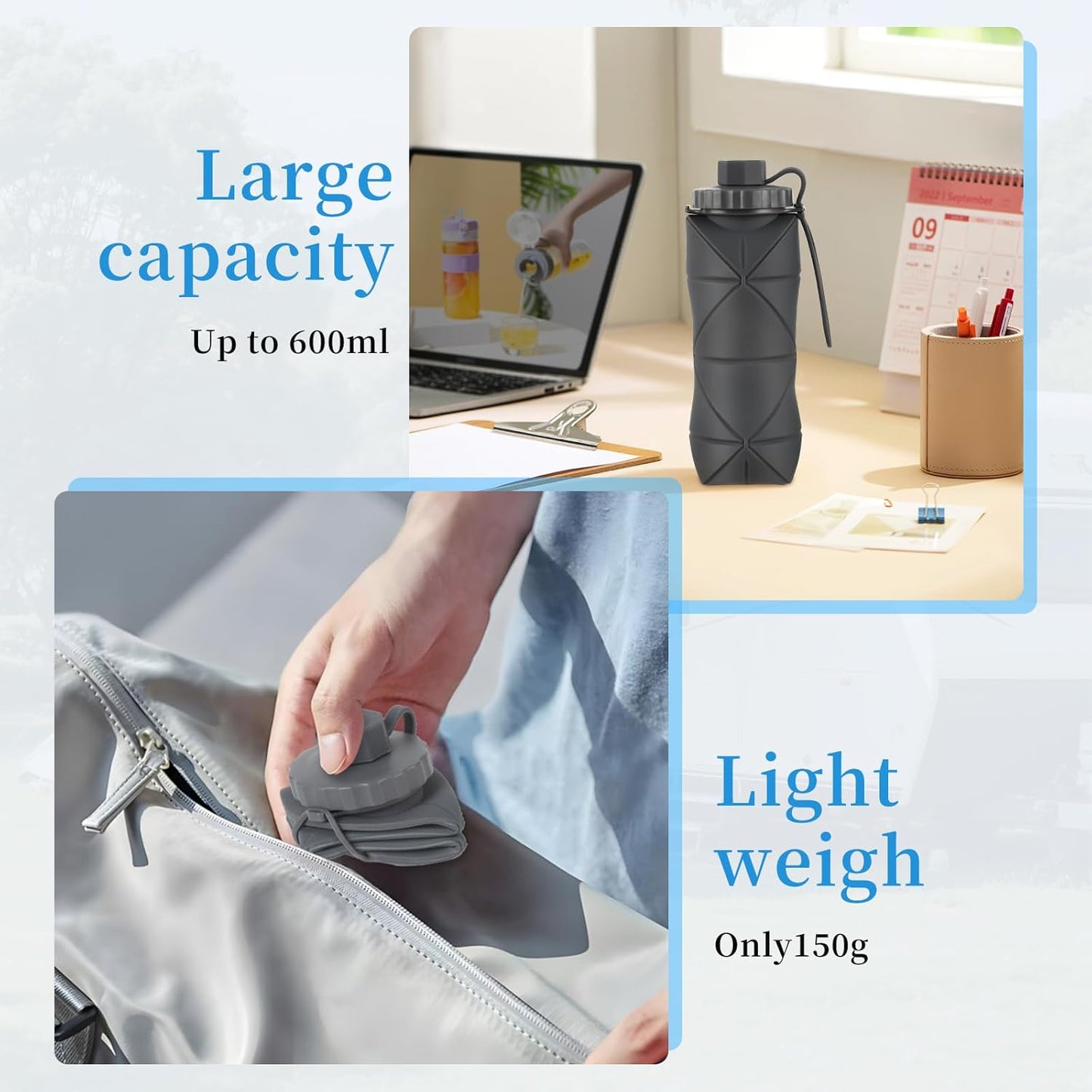 YCT Collapsible Silicone Travel Water Bottle 20oz (600ml), Reuseable Leakproof BPA Free Foldable Sports Bottle, with Carrying Strap, Pink + Green