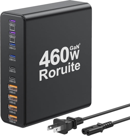 460W USB C Charger Block, 10-Port Charging Station GaN Fast Charger Block Type C & USB A Wall Charger, Dual 65W Laptop Multiport for iPhone, iPad, MacBook Pro/Air, Samsung Galaxy, Android(Black)