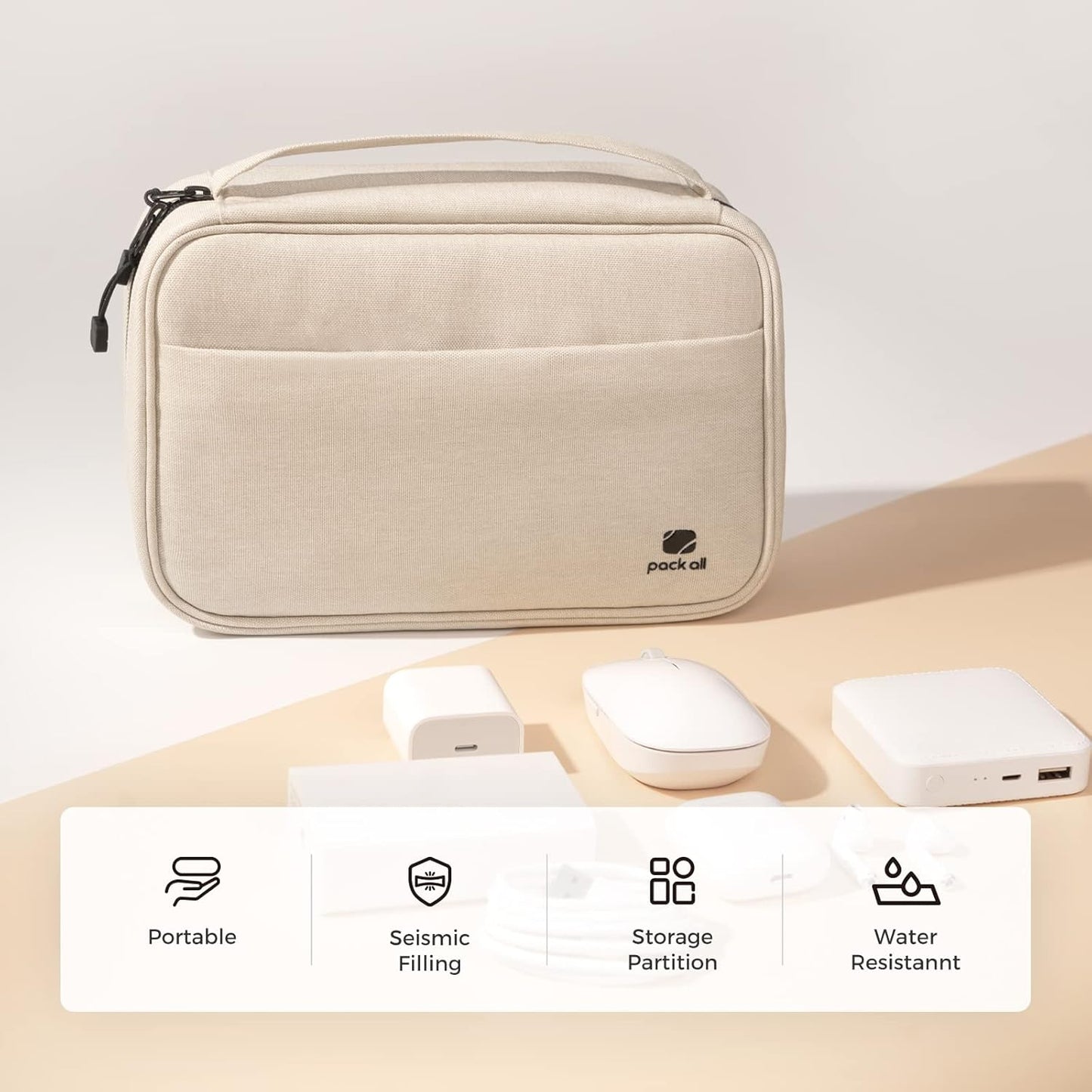 pack all Electronic Organizer Plus, Larger Capcity Cable Organizer Bag, Shockproof Carrying Case, Portable Cord Travel Organizer Storage Bag for Cables, Chargers, Phones, USB, SD Cards(Beige)