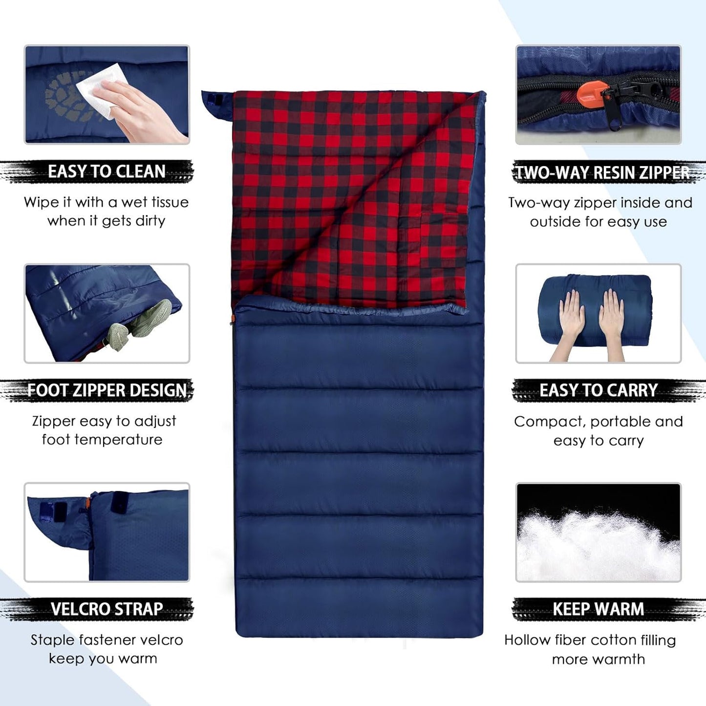 0 Degree Sleeping Bag Cotton Flannel Winter Cold Weather for Adults XXL Sleeping Bag 4 Season Big and Tall with Pillow Compression Sack