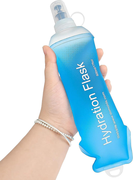 GYGYL Soft Flask, TPU Collapsible Soft Water Bottle for Hydration Pack, Running Vest, Leak-Proof Folding Water Bottle for Hiking Cycling Climbing Jogging-500ml Blue