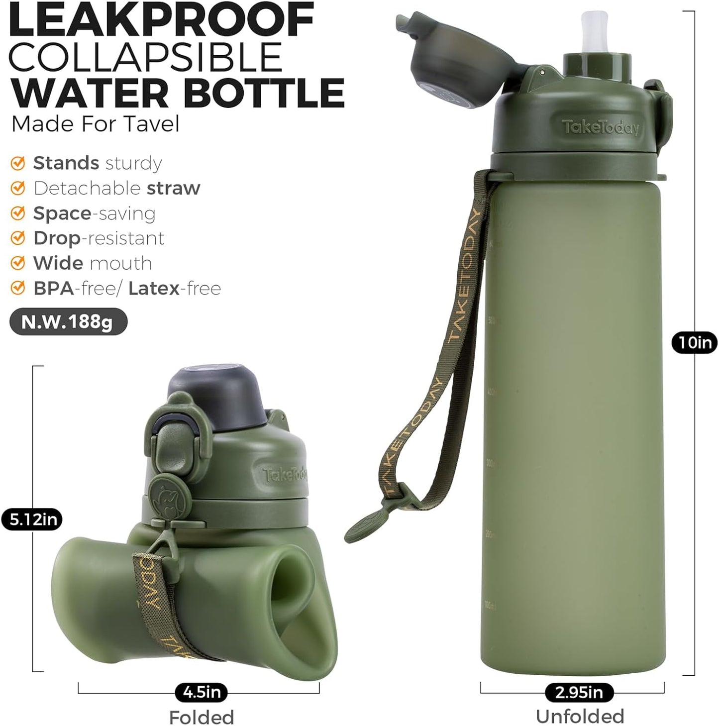 TakeToday Collapsible Water Bottles 20oz, Leak Proof, BPA-Free, Foldable Silicone Travel Water Bottle with Straw Strap for Cycling, Hiking, Outdoors
