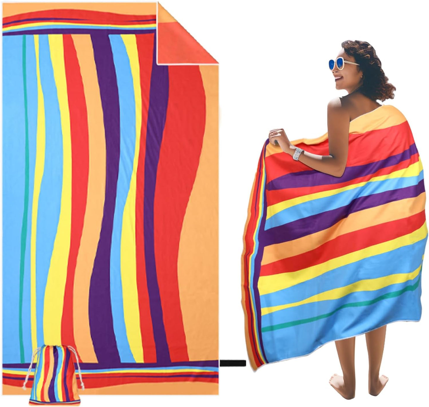 Large Beach Towel, 71" x 39" Oversized Lightweight Compact Quick Dry Sand Free Towel for Travel Swim Pool Yoga Gym Camping (Multicolored Wave)