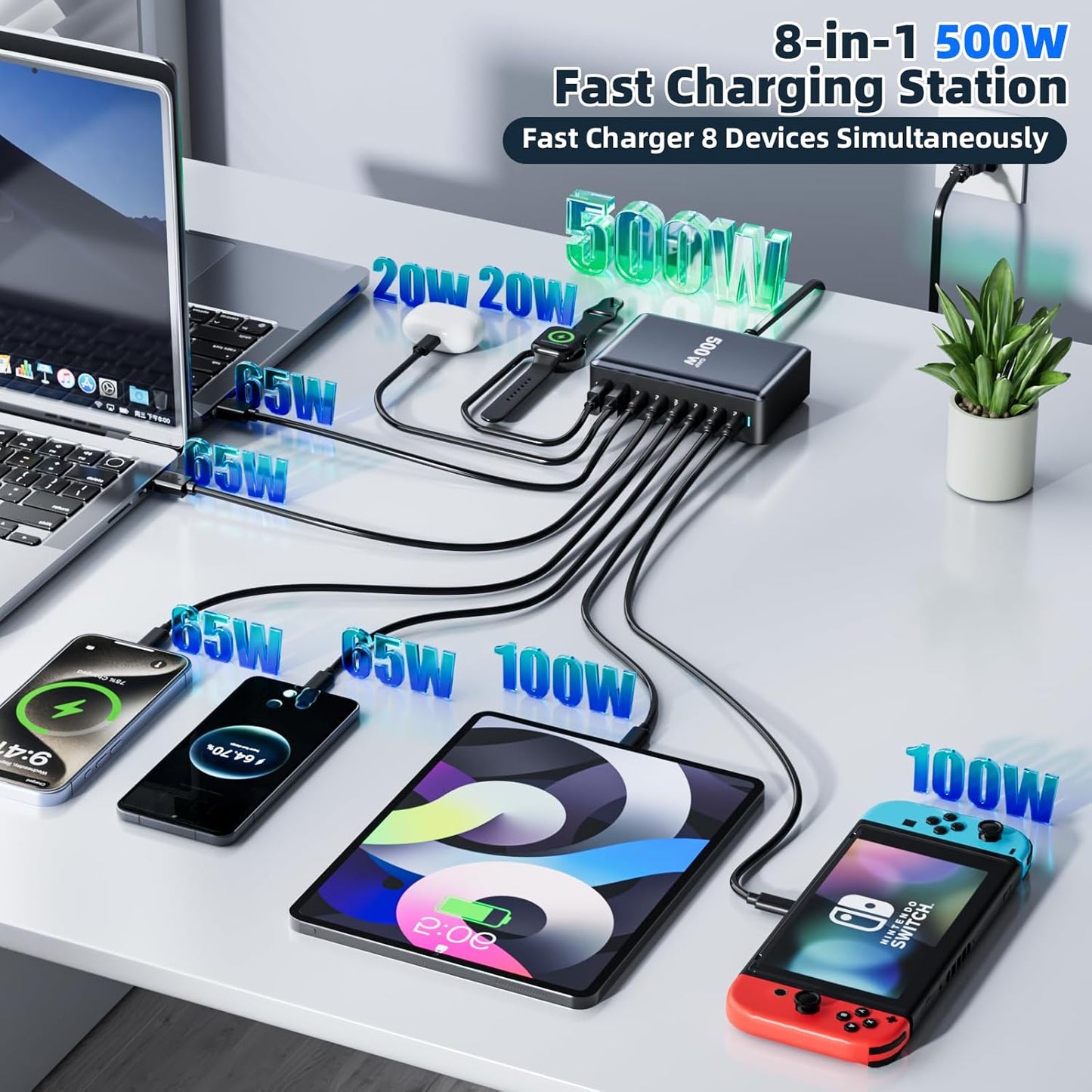 500W Fast Charging 8 Port USB C Charger Block with Nylon Fast Charging Cable, Multi-Device Charging Station Wall Desktop Charger with GaN Ⅲ Technology, USB-C Charger Adapter for MacBook/iPad/iPhone 16