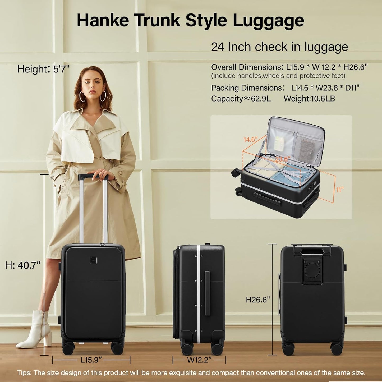 Hanke 24 Inch Luggage with Cup Holder and Charge,Top Opening Hard Shell Suitcases with Wheels and Dividers,Aluminum Frame Trunk Luggage Medium Checked Suitcase with Lock for Travel，Jet Black