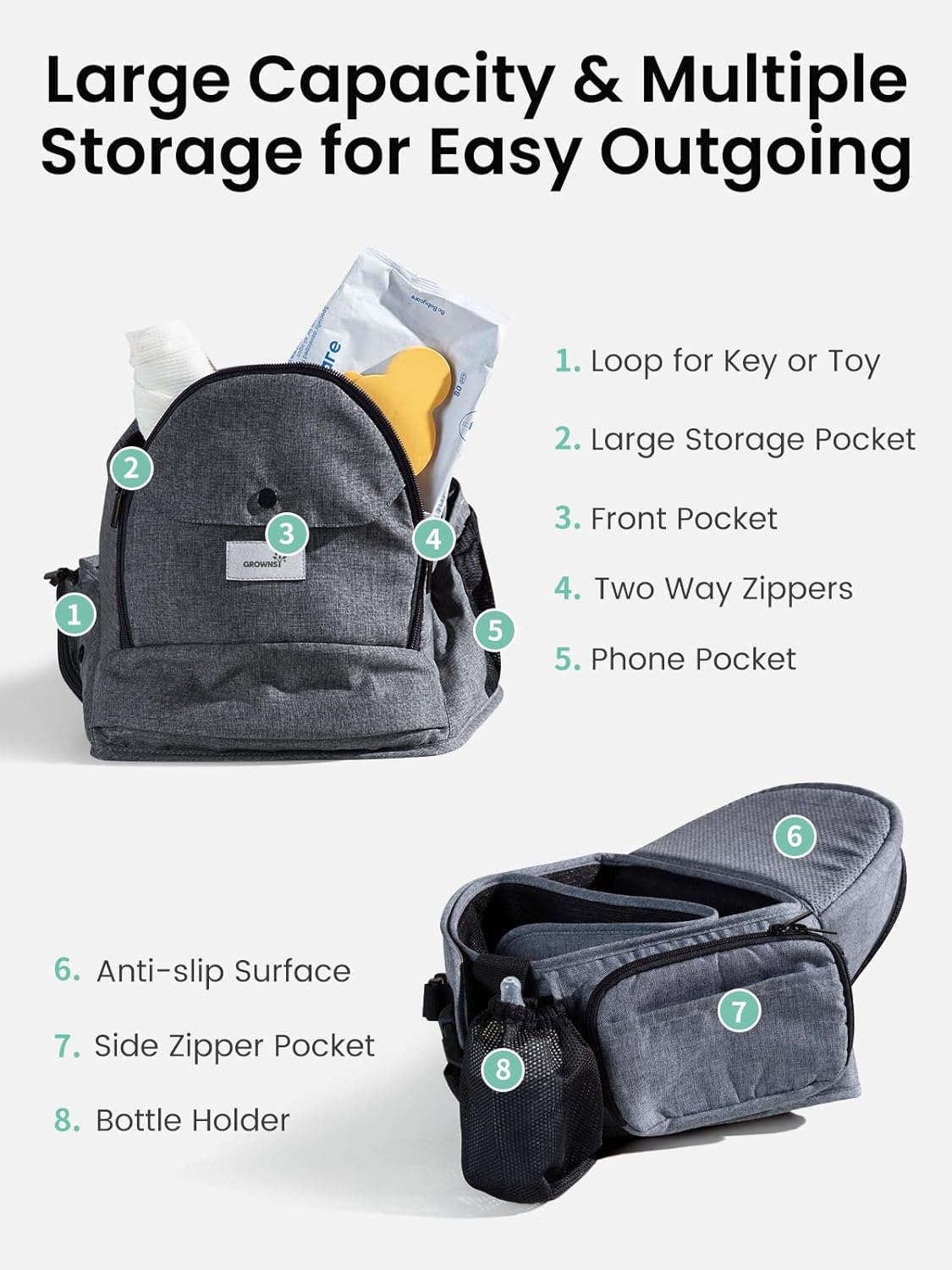 Baby Hip Seat Carrier, GROWNSY Ergonomic Hip Seat Baby Carrier with Multiple Pockets, Adjustable Extended Waistband for Newborns & Toddlers up to 50 lbs, Grey