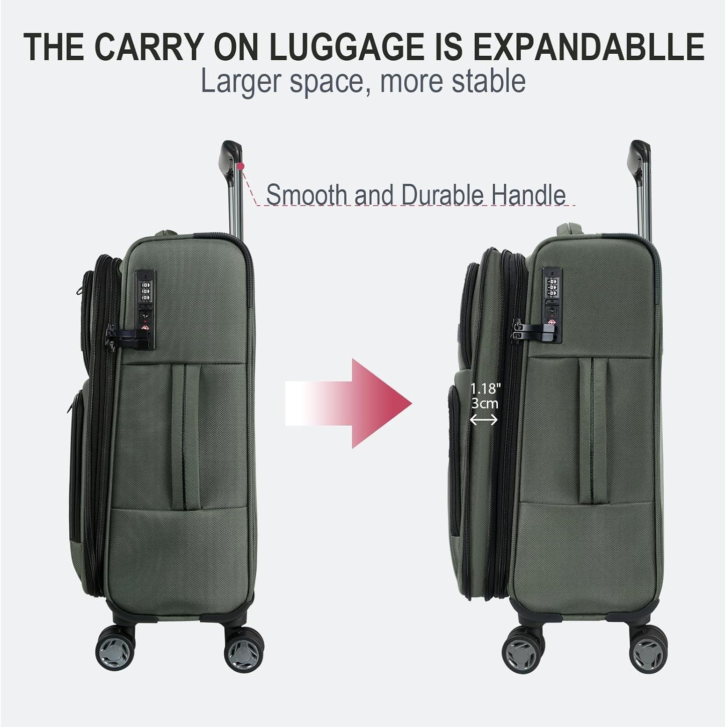 KROSER Softside Expandable Carry On Luggage with Spinner Wheels & Built-in TSA Lock, Durable Suitcase Rolling Luggage with USB Port, Carry-On 20-Inch, Army Green