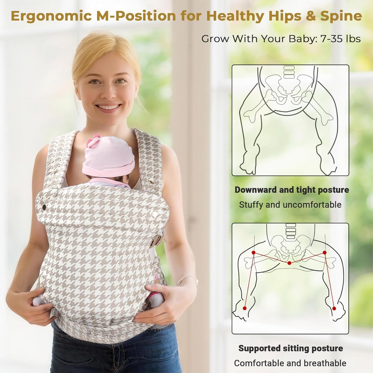 CycleMore Ergonomic Baby Carrier Newborn to Toddler - Lightweight & Breathable Infant Carrier with 3 Carry Positions, Hip-Healthy M-Shape Seat for 7-35 lbs (Houndstooth)