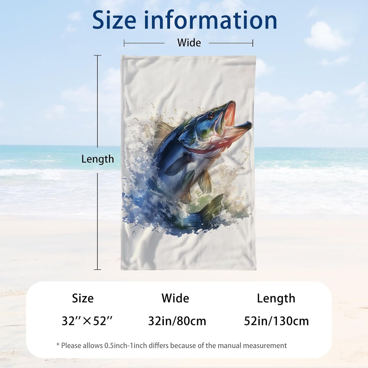 WZOMT Bass Fish Beach Towel Blanket Fishing Towels, Funny Bass Green White Microfiber Bath Towel for Adults Kids, Quick Dry Sandproof Towels for Swim Pool Travel Yoga, Oversized 32x52 Inch