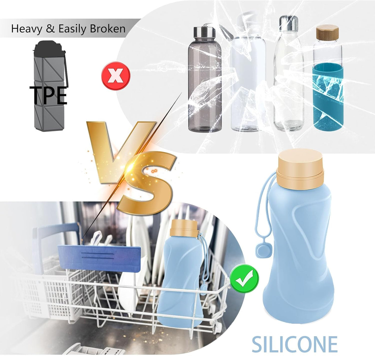 Collapsible Water Bottles,650ml,Leak Proof,Reuseable BPA Free Silicone Foldable Water Bottles,Durable Lightweight for Travel Gym Camping Hiking,Compact Size Portable Sports Water Bottle (Blue)