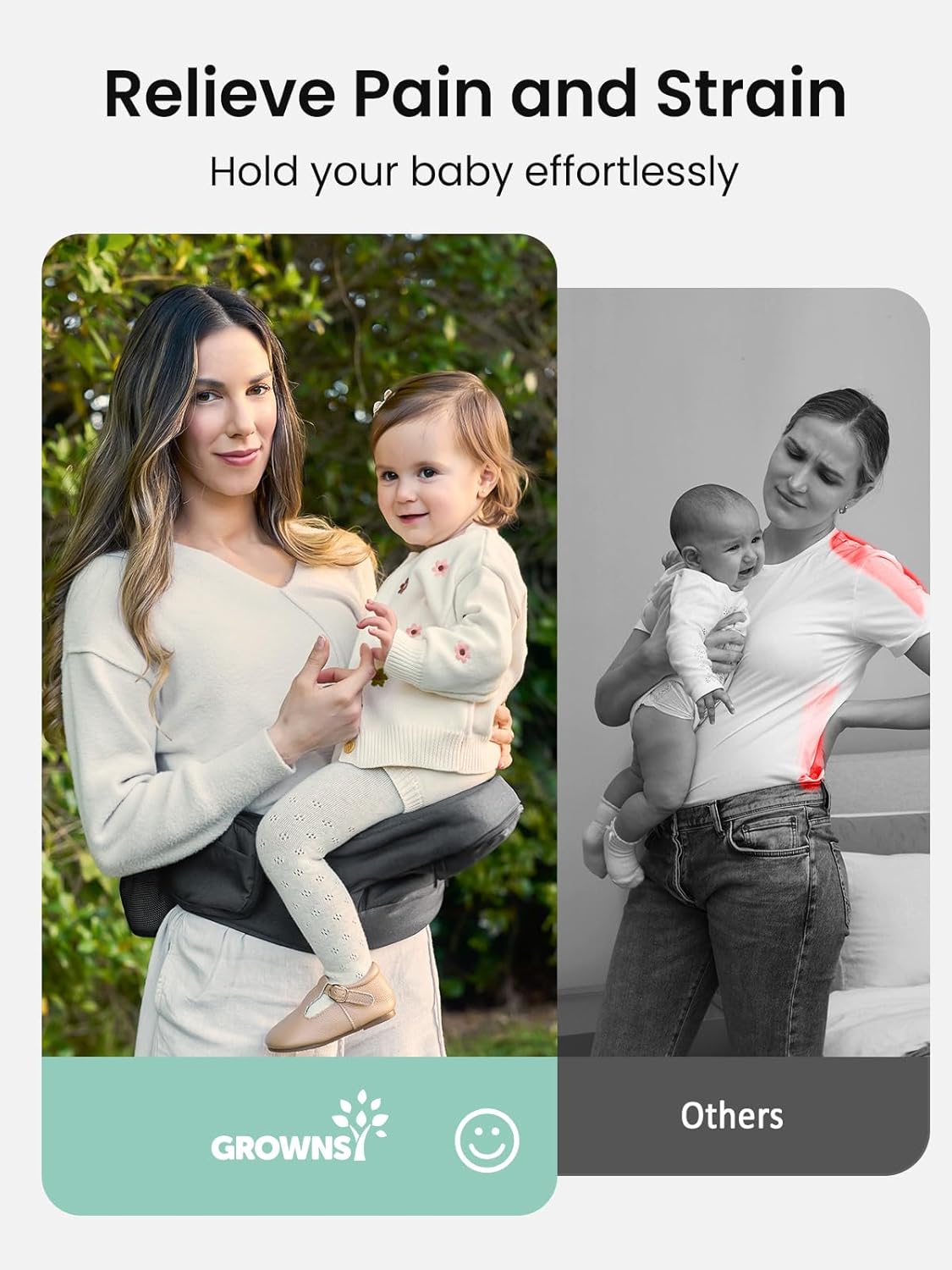 Baby Hip Seat Carrier, GROWNSY Ergonomic Hip Seat Baby Carrier with Multiple Pockets, Adjustable Extended Waistband for Newborns & Toddlers up to 50 lbs, Grey