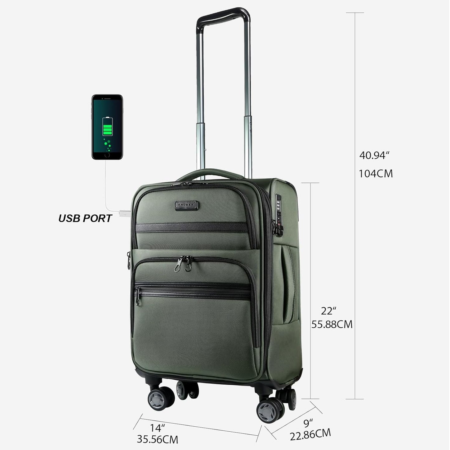 KROSER Softside Expandable Carry On Luggage with Spinner Wheels & Built-in TSA Lock, Durable Suitcase Rolling Luggage with USB Port, Carry-On 20-Inch, Army Green