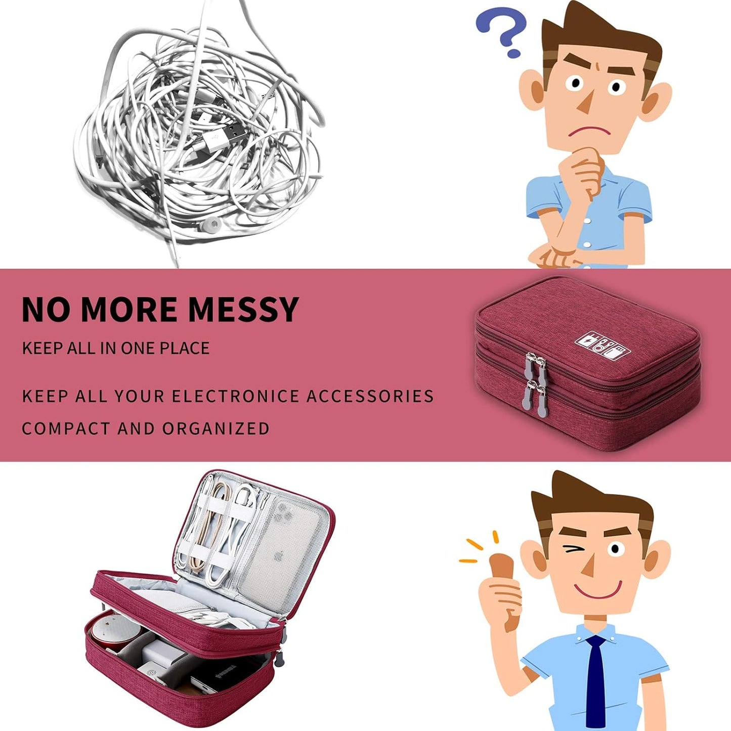 MIRLEWAIY Electronics Cable Organizer, Travel Electronic Accessories Storage Bag Double-Layer for Power Bank, USB, Fresh Drives, Chargers, Cables, Earphone, Red