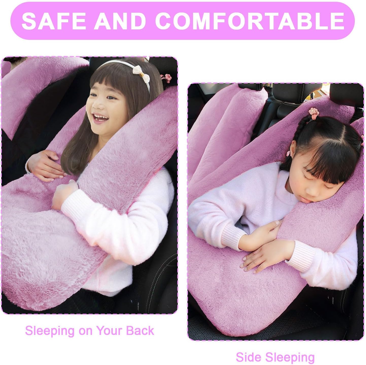 Travel Pillow, Travel Pillow for Kids, Sleeper Hold Pillow Travel, Removable U-Shaped Pillow for Adults and Children to Support Head and Body in The Back Seat of Long Car Trips(Pink Purple)