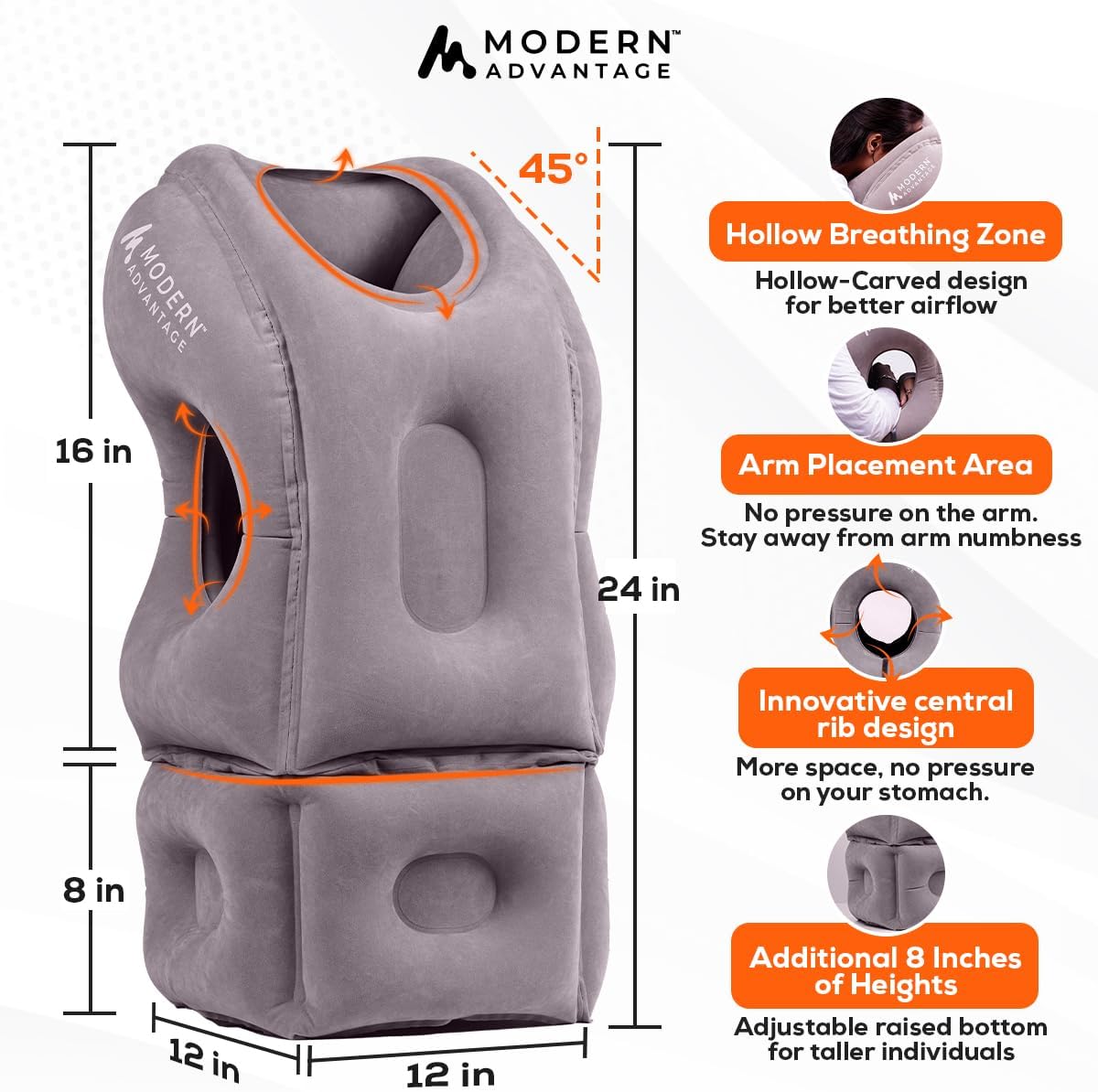Modern Advantage Inflatable Travel Pillow for Airplanes with Adjustable Extra Bottom, Support Head & Chin to Avoid Neck & Shoulder Pain, for Travelling, Office Napping with Eye Mask & Earplug (Grey)