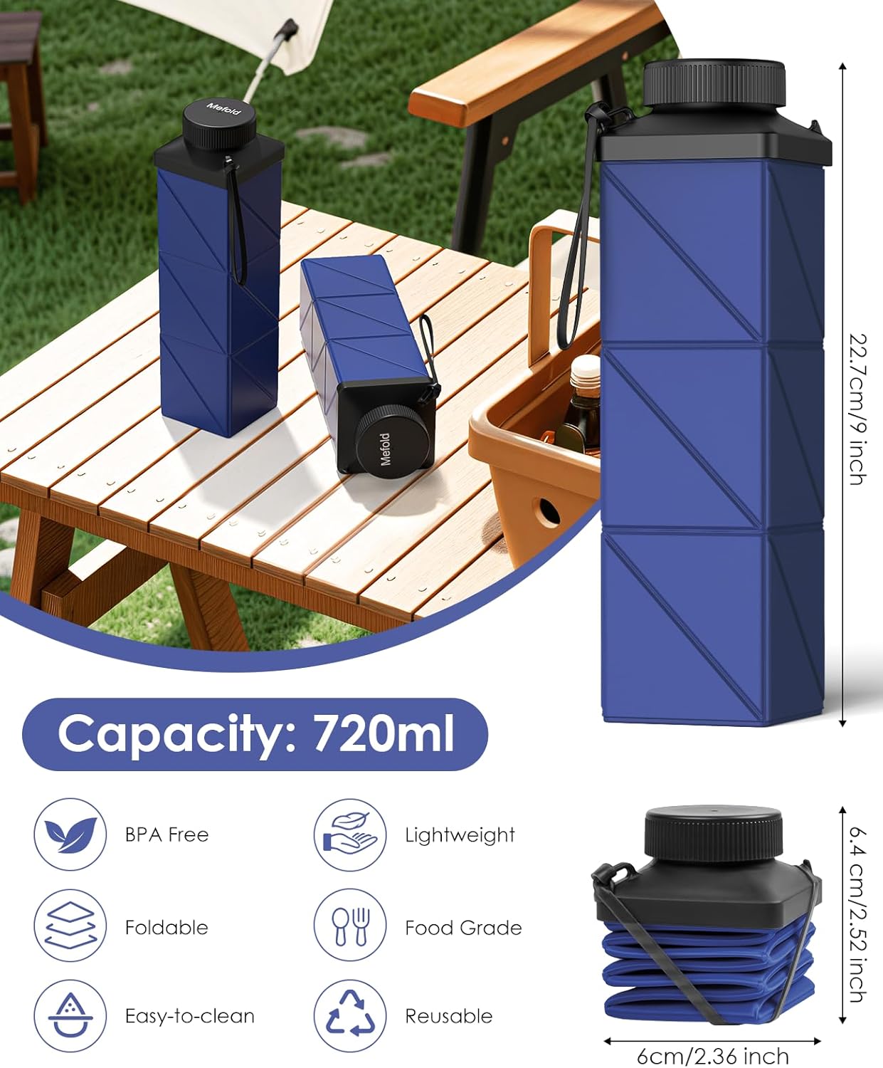 Collapsible Water Bottles, 2nd Generation Leakproof BPA-Free Travel Water Bottle 24.3oz(720ml),Lightweight Reusable Water bottle, Portable for Travel Cycling Gym Camping Sports,DarkBlue