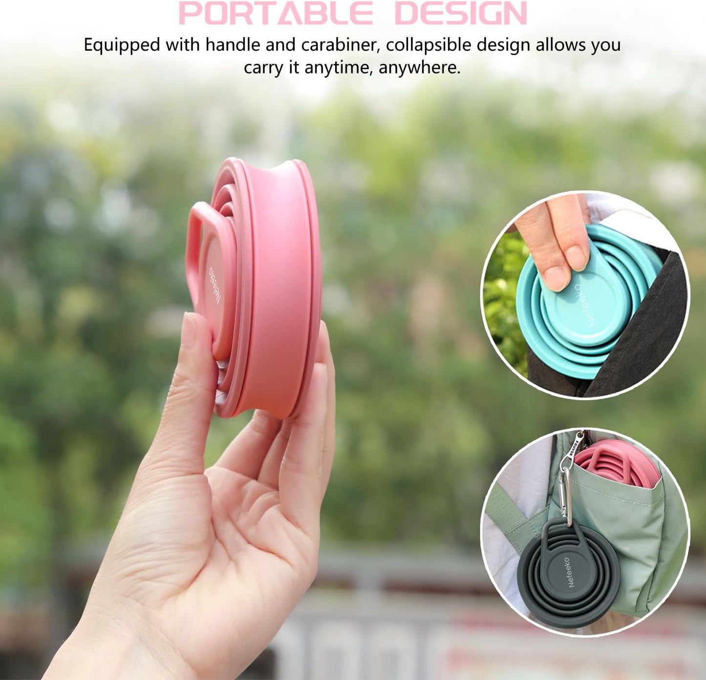 Nefeeko Collapsible Water Bottle,17oz(500ml) Reuseable BPA Free Silicone Foldable Water Bottles for Travel Gym Camping Hiking, Portable Leak Proof Sports Water Bottle with Carabiner