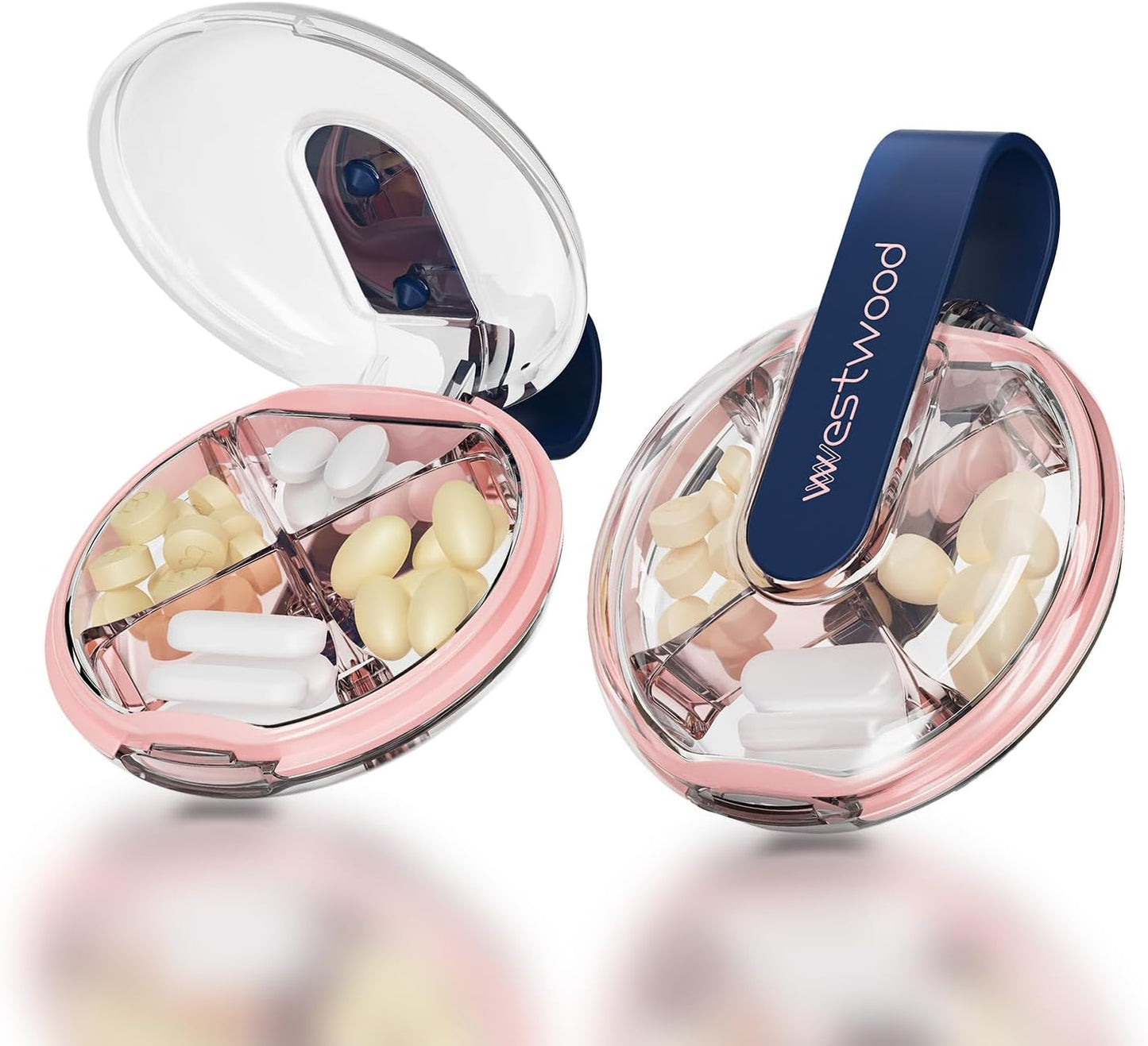 1 Pack Easy-to-Hold Small Round Blue Pill Organizer with Decorative Strap, 4 Compartments, Compact Travel Pill Box Case, Portable and Moistureproof to Store Vitamins, Medication and Supplements