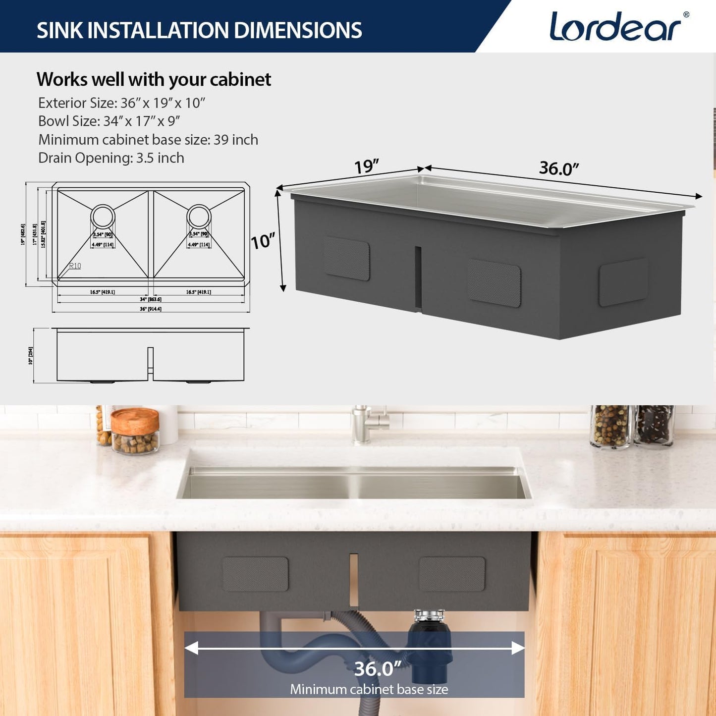 Lordear 36 Inch Undermount Kitchen Sink Double Bowl Stainless Steel Kitchen Sinks 50/50 Low Divided 16 Gauge Undermount Sink 36x19x10 Inch Handmade