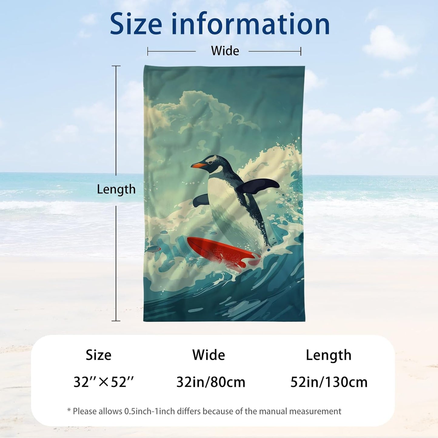 WZOMT Microfiber Penguin Beach Towel Oversized, Cute Penguin Surfing Ocean Animal Blue Bath Towels for Adults Kids, Soft Quick Dry Absorbent Sandproof Travel Swim Pool Towels 32x52 Inch