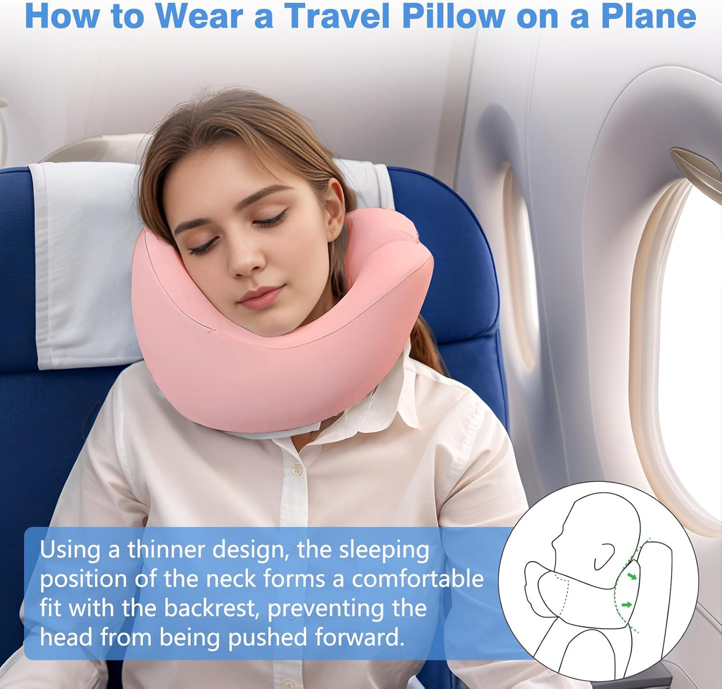 Neck Pillow Airplane, Ergonomic Memory Foam Travel Pillows for Long Flights, 3D Eye Masks, Ear Plugs and Portable Drawstring Bag, Napping Pillow for Home, Sleep Rest, Family and Travel Use