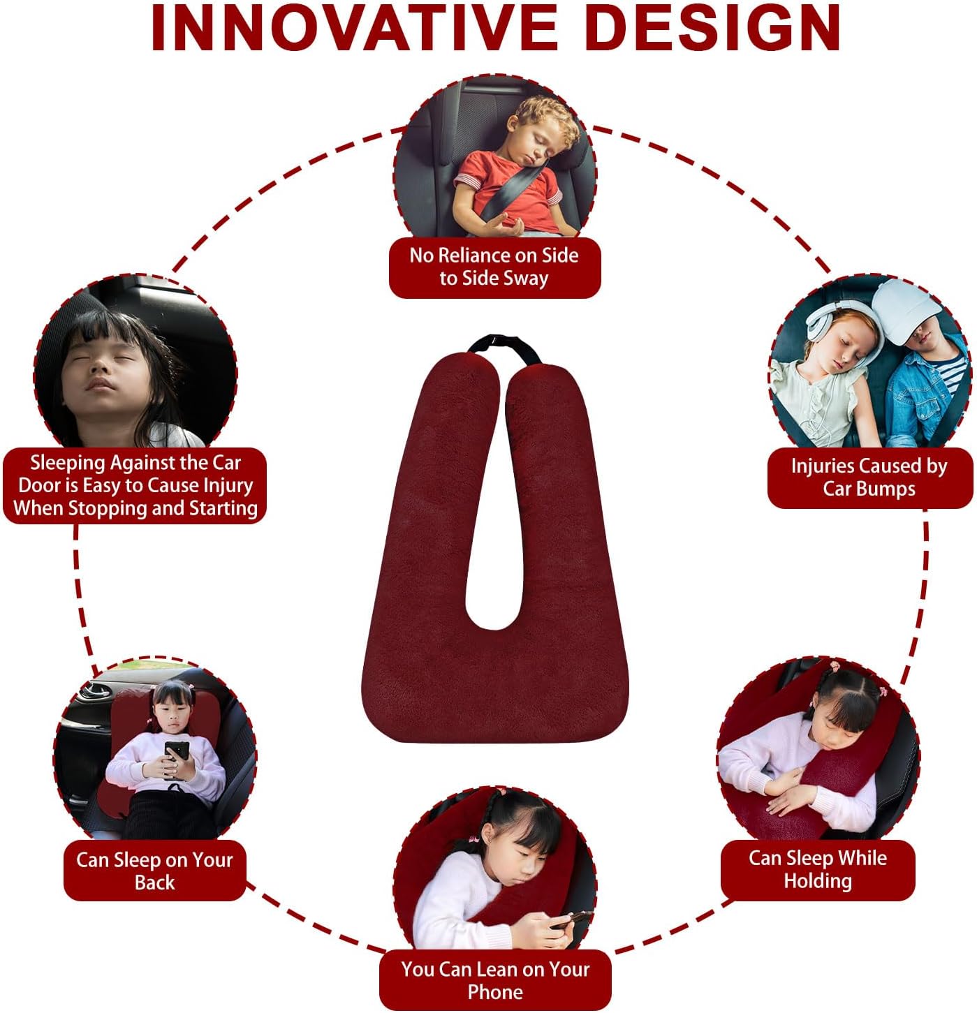 Travel Pillow, Travel Pillow for Kids, Sleeper Hold Pillow Travel, Removable U-Shaped Pillow for Adults and Children to Support Head and Body in The Back Seat of Long Car Trips (Dark Red)