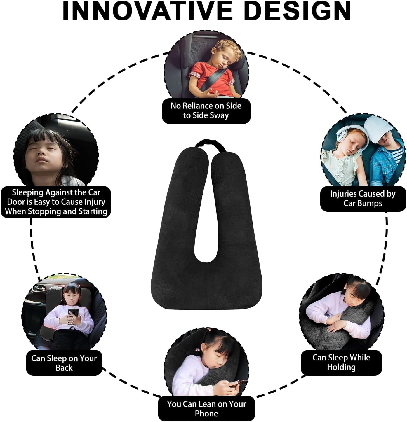 Travel Pillow, Travel Pillow for Kids, Sleeper Hold Pillow Travel, Removable U-Shaped Pillow for Adults and Children to Support Head and Body in The Back Seat of Long Car Trips (Black)