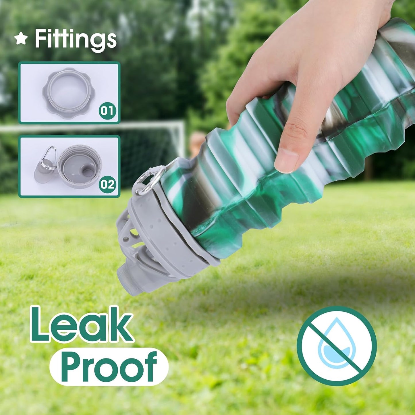 Rainbow Collapsible Water Bottles for Kids, Students, Adults, Reusable BPA Free Silicone Foldable Sports Water Bottles for Travel Camping Hiking, Folding Travel Water Bottles, Gary & Green