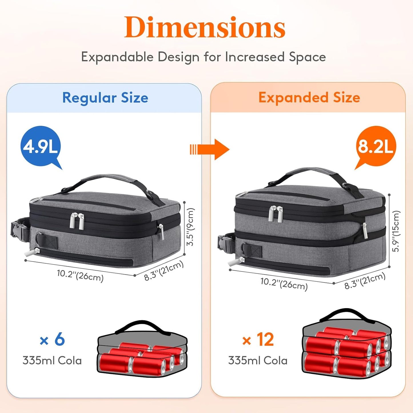 Lifewit Insulated Lunch Box for Men, Expandable Cooler Bag, Freezable Lunch Bag for Women with 2 Ice Packs and Shoulder Straps for Work Travel College, 8.2L Gray