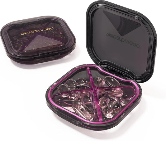 1 Pack Small Purple Pill Organizer, 4 Compartments, Compact Stylish Cute Travel Camping Pill Box Daily Medicine Pill Case, Portable and Moistureproof to Store Vitamins, Medication and Supplements