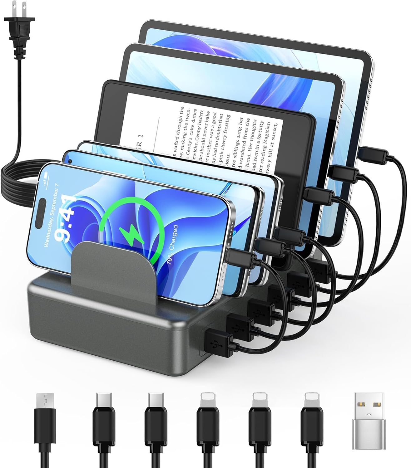 CREATIVE DESIGN 50W Charging Station for Multiple Devices,6 Port Multiple USB Charger Station with 6 Cables Compatible with iPhone,iPad Kindle Tablet and Other Electronic（Space Gray