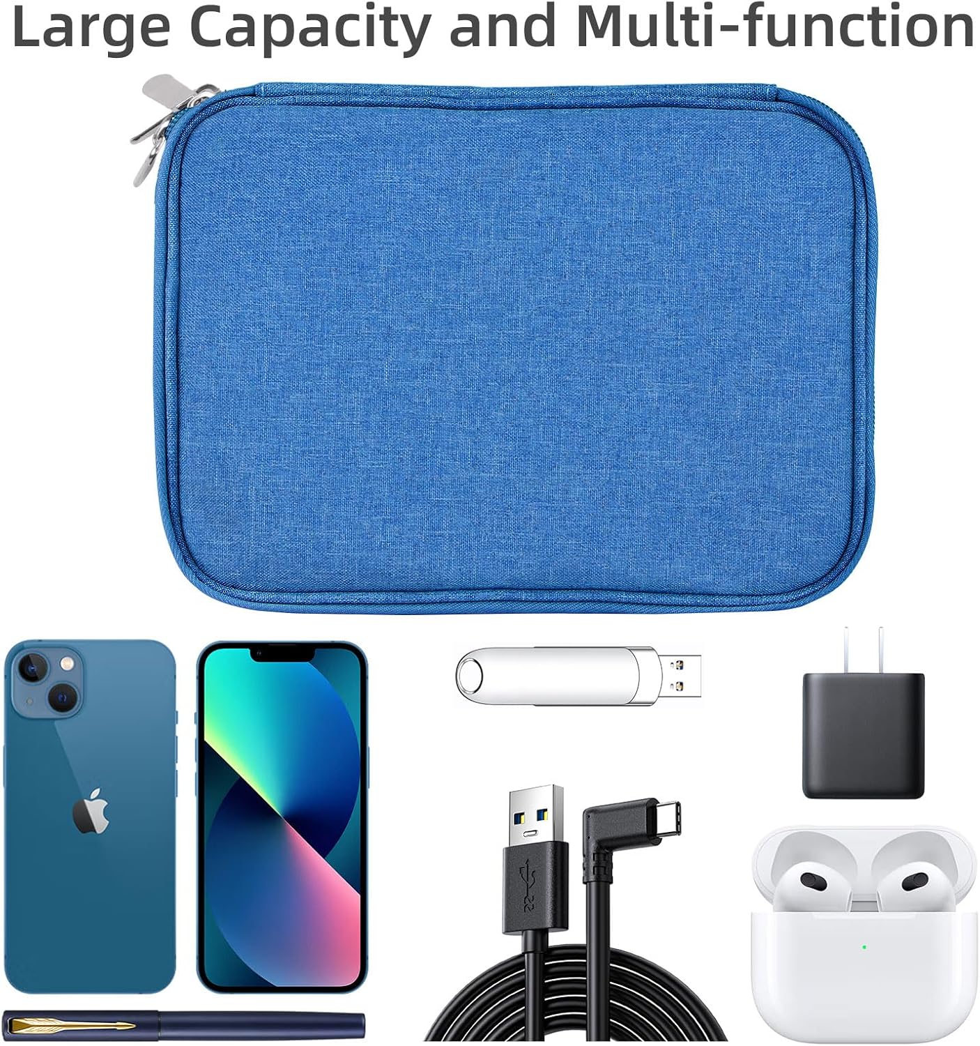 Electronics Organizer - Travel Cable Organizer Bag, Water Resistant Double Layers Pouch for Cord, iPhone, iPad Mini - Gift for Men Electronic Accessories Storage Case with 5 Cable Ties, Blue
